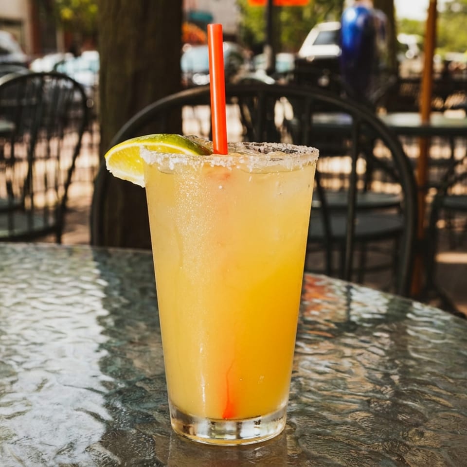 A refreshing margarita with a lime wedge and salted rim sits on a glass patio table.