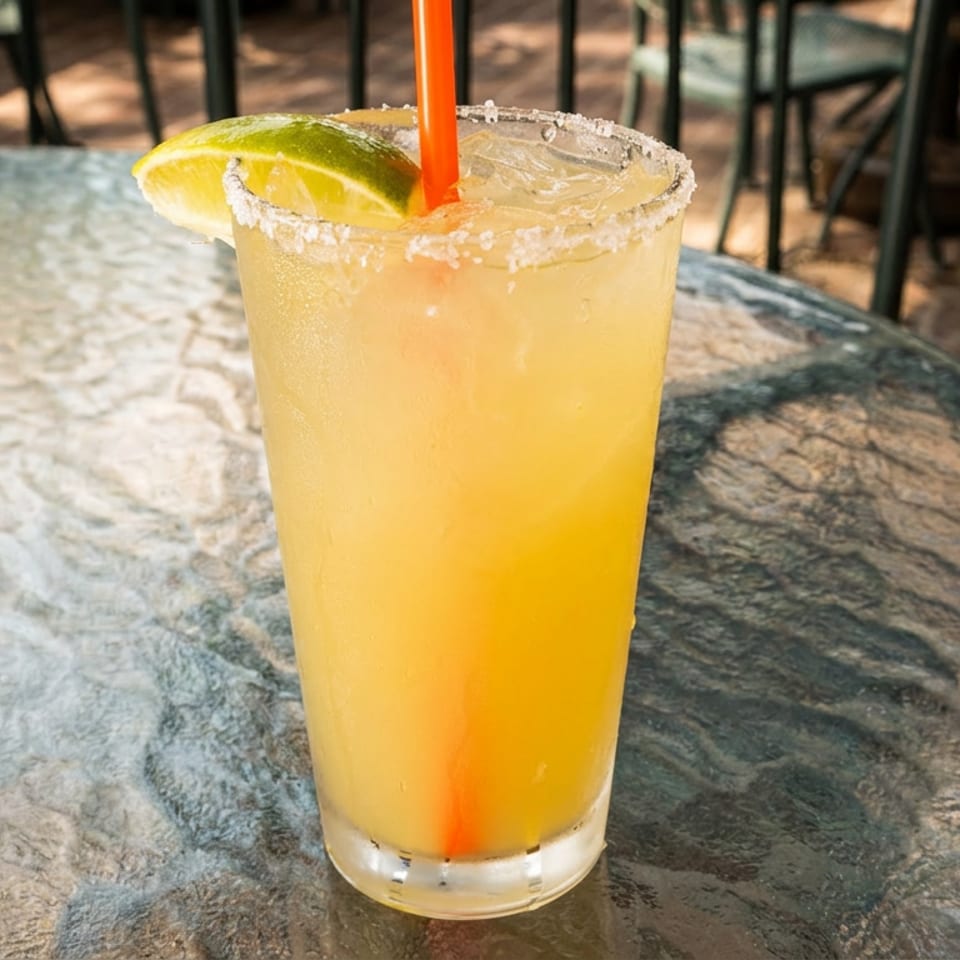 A refreshing margarita with a salted rim, lime wedge, and orange straw on a textured glass table.