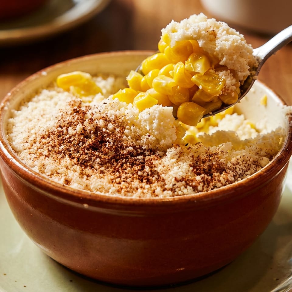 A spoon scoops corn and cotija cheese from a brown bowl with chili powder on a wooden table.