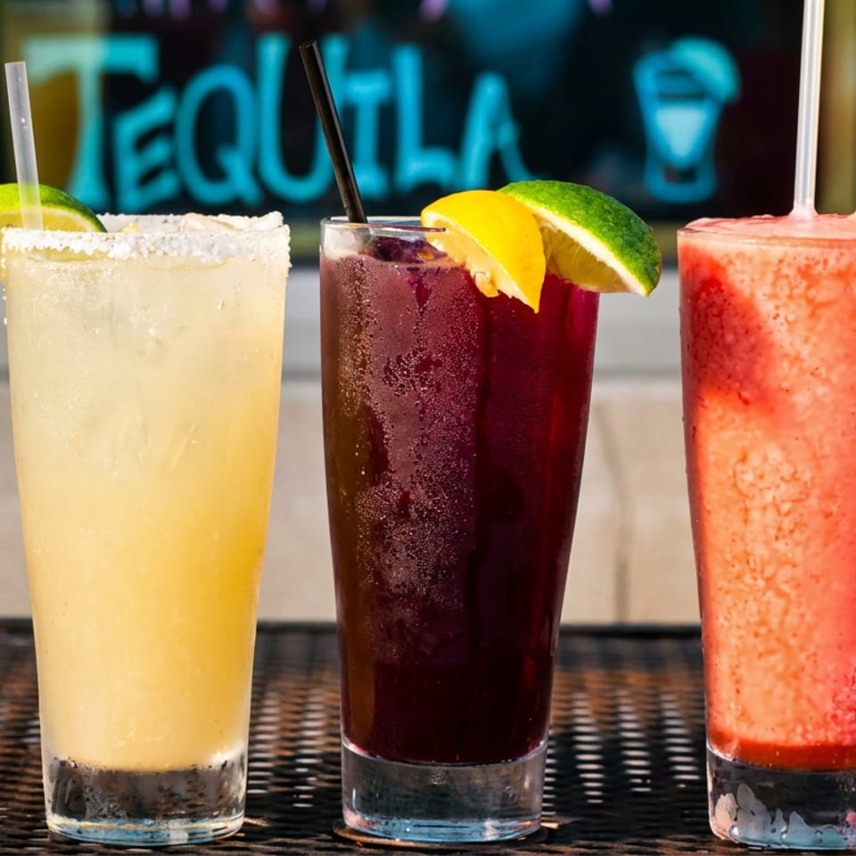 Three colorful margaritas, yellow, purple, and red, garnished with lime and lemon slices on a patio table.