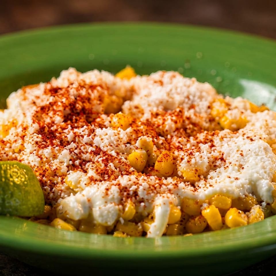 Elote corn in a green bowl, topped with white cheese, chili powder, and a lime wedge.