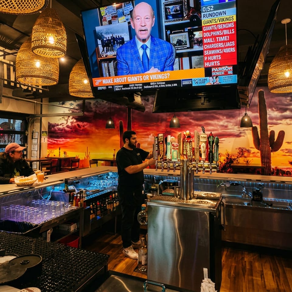 A vibrant bar interior with a desert mural, bartender, patrons, and large TV screen showing sports.