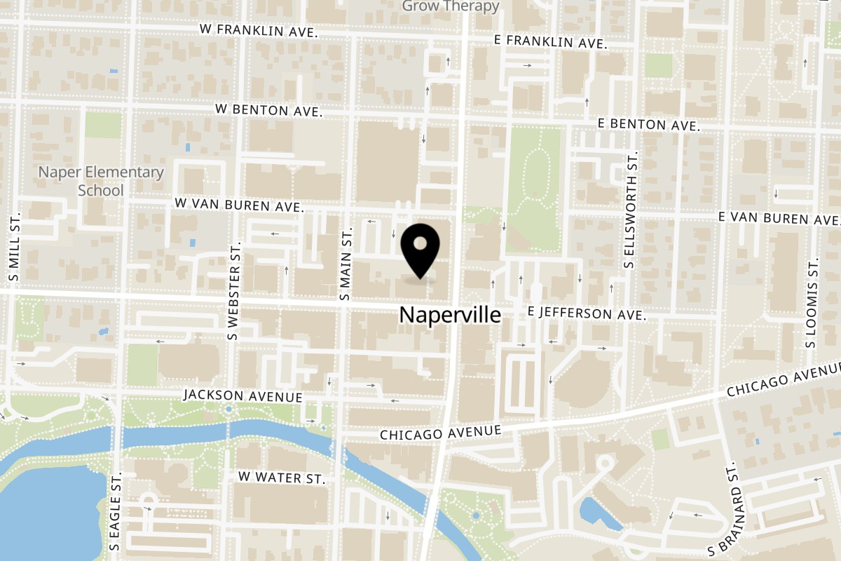 Map showing the location of Taco Grill Cantina on 15 W Jefferson Ave #101 in Naperville